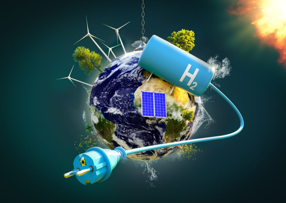 Umwelt und Energiegewinnung – Blauer Wasserstoff- Tank auf dem Planeten Erde